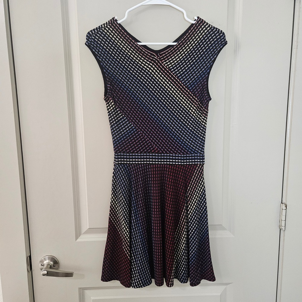 BCBGMAXAZRIA Geometric Grid Fit and Flare Skater Dress XS Blue Burgundy Knit